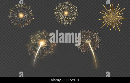 Golden Fireworks Burst Set, Sparkling Celebration Firecracker Explosion Collection Isolated on Transparent Background Stock Vector
