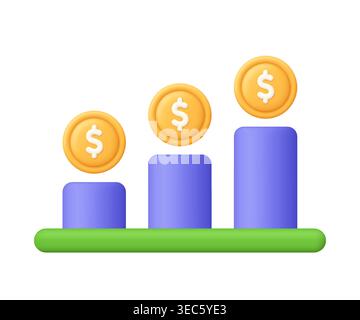 Financial growth chart with purple bars and gold coins. Finance, increasing profit, capital, business success, investment and revenue growth concept. Stock Vector