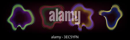 Sound wave ripple effect with concentric circular lines radiating outward. Neon gradient rays in dynamic signal pattern with vibrant radial geometry. Modern vector audio, music or speaker design. Stock Vector