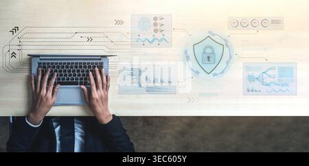 A futuristic cybersecurity dashboard for a Security Operations Center (SOC). The system monitors the network, analyzes data for threats, and provides Stock Photo