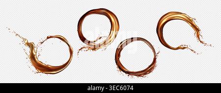 Round coffee splashes set isolated on transparent background. Vector realistic illustration of brown liquid pouring swirls, cola or tea flow with drops, abstract dark drink spill, beverage splatter Stock Vector