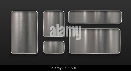 Shiny metal plates set isolated on background. Vector realistic illustration of rectangle stainless steel badges attached to surface with rivets, iron name board, game ui design elements Stock Vector
