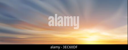 Heavenly sunrise sky with clouds. Vector realistic illustration of sun rising or going down on horizon above sea or field, early morning background with light yellow and blue gradient, summer skyline Stock Vector