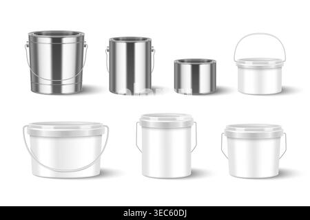 Metal and plastic paint buckets set isolated on white background. Vector realistic illustration of blank containers for renovation material or liquid food, 3d mockup of construction goods packaging Stock Vector