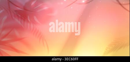 Summer sunset sky with plant shadows. Vector realistic illustration of soft pink and orange gradient with monstera and palm tree leaves, shimmering particles in air, tropical beach sunrise wallpaper Stock Vector