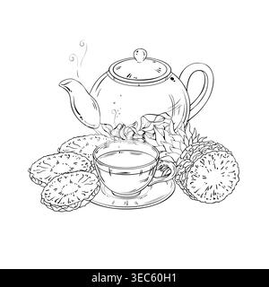 Pineapple Tea in Teapot Outline Illustration. Stock Vector