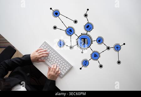 A creative depiction of a digital brain network with various icons representing technology and communication, set against a professional workspace Stock Photo