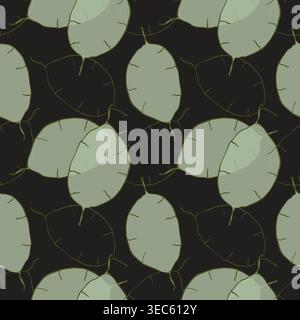 dark botanical seamless pattern with sage green lunaria pods on black background, moody floral illustration for gothic home decor, luxury velvet texti Stock Vector