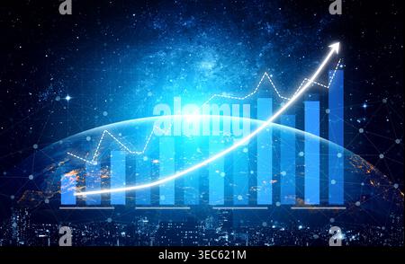 A stunning representation of growth and success, featuring bar charts and data analytics against a cosmic background, illustrating business progress Stock Photo