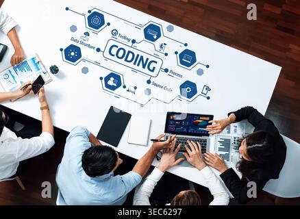 Collaborative Workspace for Coding and Programming with Data Structure Concepts, Process Analysis, and Source Code Development in Modern Office Stock Photo