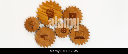 Panorama banner of wooden cogwheel gear connecting each other symbolize function productive system in business company and synergy teamwork with Stock Photo
