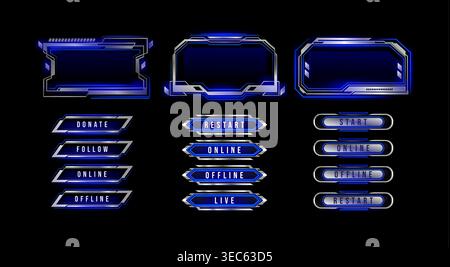 Futuristic ui HUD frames and tech buttons set isolated on black background. Vector realistic illustration of neon blue web stream interface design elements, metal borders for cyberpunk game menu Stock Vector