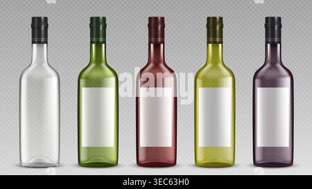 Alcohol drink bottles set isolated on transparent background. Vector realistic illustration of glass containers for wine, whiskey, vodka, or tequila with caps and labels, blank package mockups Stock Vector