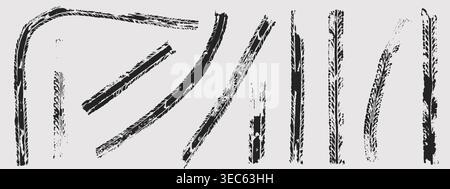 Black tire track marks isolated on white background. Curve racing tread pattern realistic vector illustration set. Car or motorcycle wheel skid traces texture Stock Vector