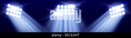 Bright stadium spotlights realistic vector illustration. Light beams in night sky, professional show equipment, dramatic concert stage atmosphere with glowing effects Stock Vector