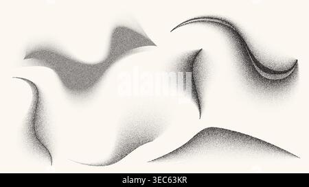 Abstract grain texture elements, flowing wave gradients and dynamic dotted pattern. Black and white fluid grain effect with stipple sand dots and smooth airbrush fade strokes Stock Vector
