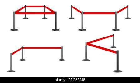 Belt barrier with red rope on black poles isolated on white background. Vector realistic illustration of ribbon queue line divider for security control at airport, night club, museum, theater Stock Vector