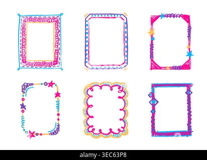 Childish doodle crayon frames set isolated on white background. Vector realistic illustration of hand drawn rectangular borders decorated with pastel star, abstract scribbles, school art Stock Vector