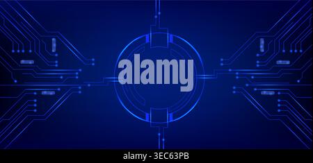 Hi tech circuit board frame with glowing blue lines and futuristic digital patterns, vector realistic illustration. High tech abstract electronic backdrop with round border and neon light Stock Vector