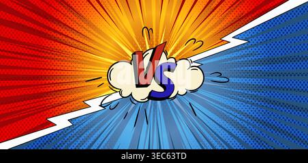 Dynamic comic book versus background with vibrant blue red design and cloud. Abstract vector illustration, retro halftone explosion banner for battle scenes, super hero vs poster, cartoon frame Stock Vector