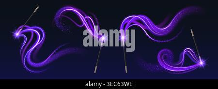 Magic wand with glowing light trail and sparkles realistic vector illustrations. Enchanting spell effect on dark background with shimmering particles and magical energy swirls Stock Vector
