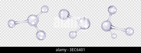 3D molecular structure with transparent glass atoms and bonds, realistic vector illustrations. Chemical formula model isolated on transparent background, laboratory and science symbol Stock Vector