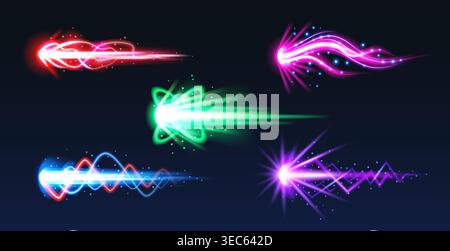 Cartoon fire blast effect with energy trails and glowing beams, isolated vector illustrations on black. Game gun effect UI design elements, comic style laser weapon with dynamic action, vibrant colors Stock Vector