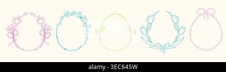 Whimsical Easter egg frames with delicate flower pattern and ribbon bow. Vector illustrations set of hand drawn spring borders with vintage ornamental design, bright color girly coquette prints Stock Vector