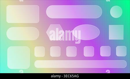 Set of transparent matte glass frames with editable size and transparency for UI UX design. Base for desktop shortcut template different rectangular round and oval shape on color gradient background Stock Vector