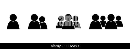 People silhouette user icon set with single person, pairs and bigger teams. Flat design simple vector user silhouettes. Isolated user avatar icons. Stock Vector