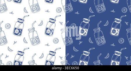 Seamless Pattern with Detox Water Mason Jars and Lemon Slices Set. Refreshing Summer Lemonade Drink and Mint Leaves on White and Blue Background. Isol Stock Vector