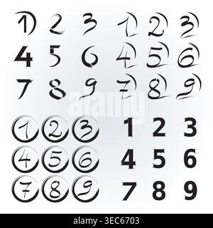 Set of Icons and Logo Elements Numbers Digits 1 to 9 - Black and White Colors Vector Stock Vector