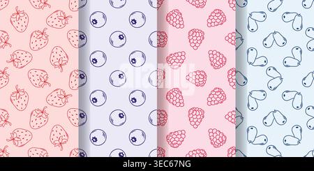 Set of summer berry prints. Hand-drawn strawberries, raspberries, blueberries and honeysuckle on delicate backgrounds. Seamless pattern for textiles Stock Vector