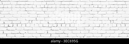 Wide white painted old shabby brick wall texture panorama. Whitewashed rough brickwork panoramic banner background Stock Photo