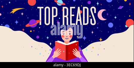Book, Imagination, Dreams. Girl reading Stock Vector