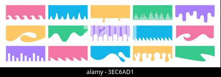 Separator header shape set. Colorful section divider for website, app, banner, web page. Modern bottom, top border, headline design elements or footers with wavy line, drips, drops on white background Stock Vector