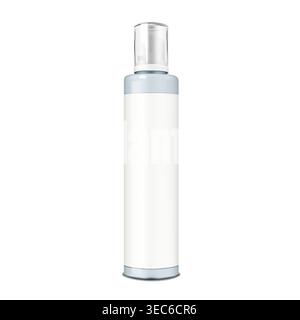 Beauty product bottle with clear cap and white blank label vector mockup. Cosmetic container with pump dispenser for foam textures realistic mock-up Stock Vector