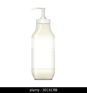 Plastic cosmetic bottle with pump dispenser and white blank label realistic mock-up. Liquid soap, cream, lotion or other beauty product vector mockup Stock Vector