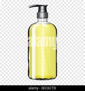 Clear pump dispenser bottle filled with liquid on transparent background realistic vector mock-up. Food or cosmetic product packaging mockup. Template Stock Vector