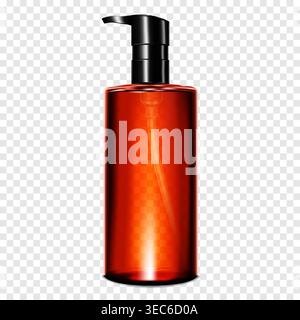Clear dark pump dispenser bottle on transparent background, realistic vector mock-up. Beauty cosmetic product container packaging. Template for design Stock Vector