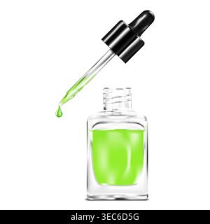Clear glass bottle with dropper cap filled with green liquid isolated on white background. Face serum, nail care product packaging. Vector mockup Stock Vector