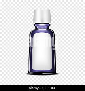 Clear dark blue glass bottle with white label and screw plastic cap on transparent background. Cosmetic or medical product package Stock Vector