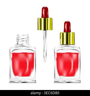 Transparent bottle with dropper cap filled with red liquid isolated on white background. Open and closed. Vector illustration. Easy to recolor Stock Vector