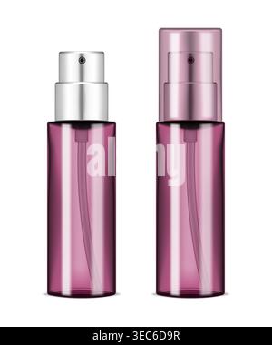 Clear spray or pump dispenser bottle with transparent cap - open and closed, vector mockup. Cosmetic product packaging color mock-up. Easy to recolor Stock Vector