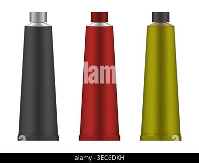 Metal squeeze tube package, realistic vector mockup. Blank flexible aluminum container isolated on white background, mock-up. Color set Stock Vector