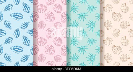 Set of themed seamless patterns with seashells. Hand-drawn shells on different colored backgrounds. Nautical prints for textile covers, paper, pack Stock Vector