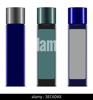Realistic cosmetic bottle with blank label, vector mock-up. Beauty skin care product package. Dark color set. Easy to recolor Stock Vector