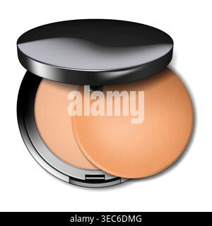 Compact make-up powder open round container with cosmetic sponge, realistic vector illustration. Makeup product packaging top view Stock Vector