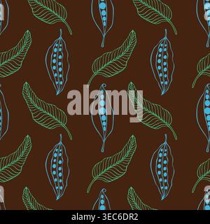 pattern with stylized cocoa pods and leaves on dark chocolate background for premium organic food packaging, artisanal confectionery branding, and lux Stock Vector