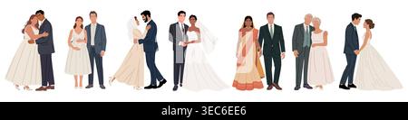 Elegant diverse wedding couples set flat vector Stock Vector